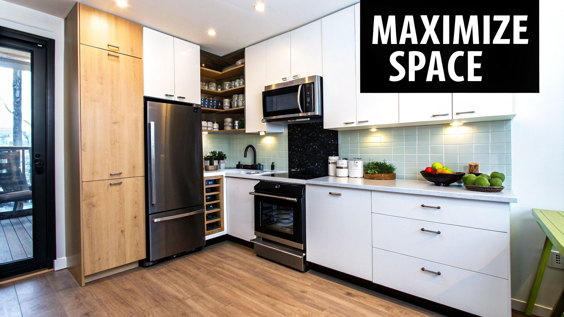 Modern kitchen featuring white and light wood cabinets, stainless steel appliances, and a tiled backsplash.
