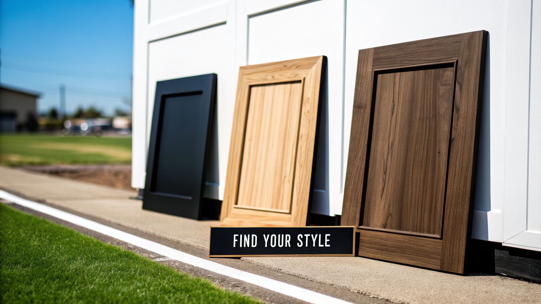 Three modern cabinet doors in black, light wood, and dark walnut, with a 'FIND YOUR STYLE' sign.
