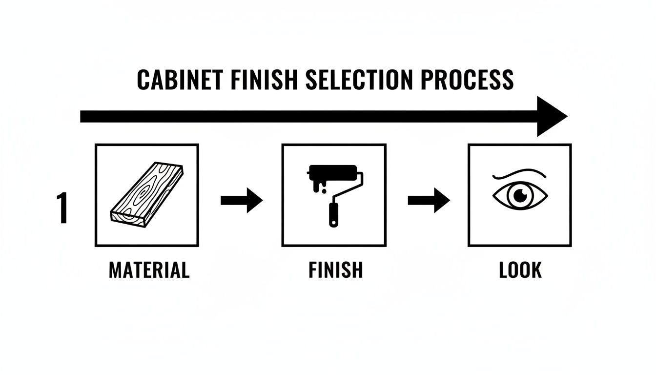 A diagram illustrating the cabinet finish selection process, showing steps: Material, Finish, then Look.