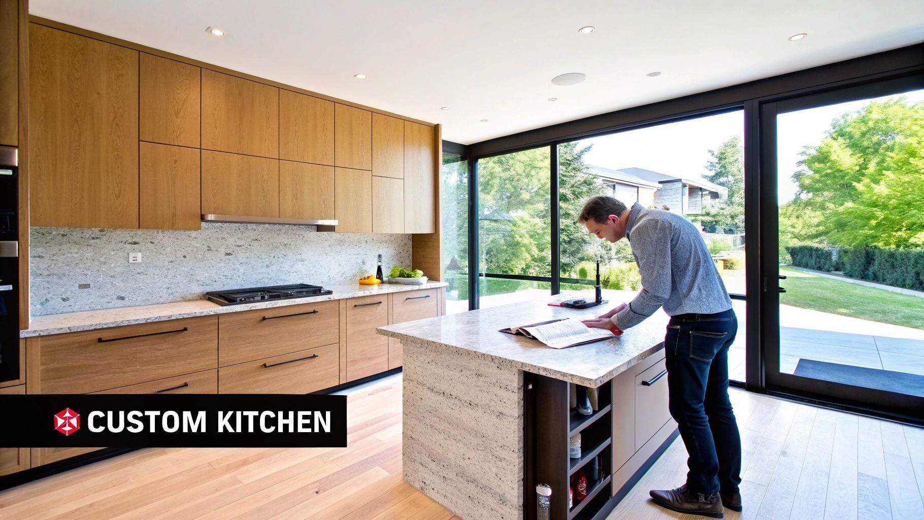 Modern custom kitchen featuring light wood cabinetry, granite countertops, and large windows to a garden.