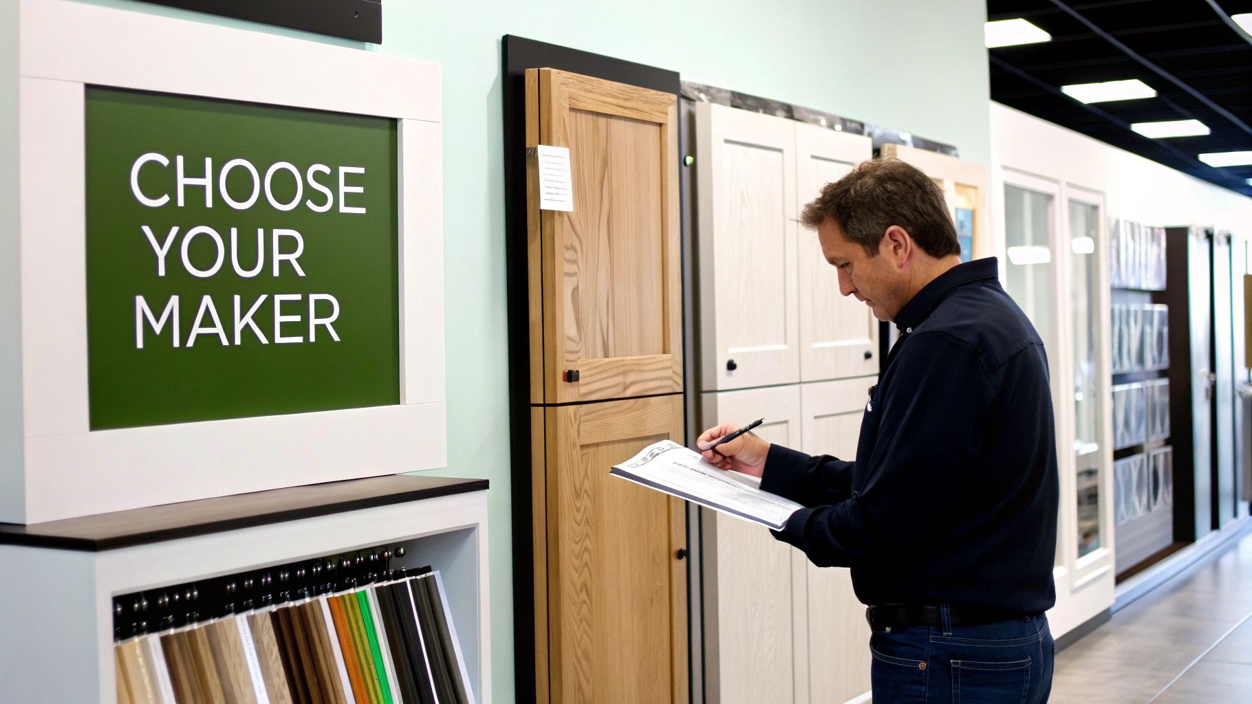 A man in a showroom is writing notes while inspecting custom kitchen cabinet displays and samples.