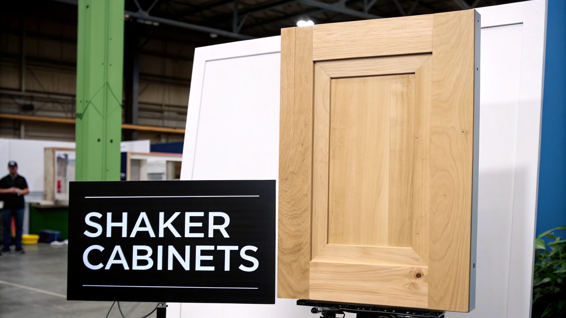 A natural wood shaker cabinet door on display next to a sign that says 'SHAKER CABINETS'.