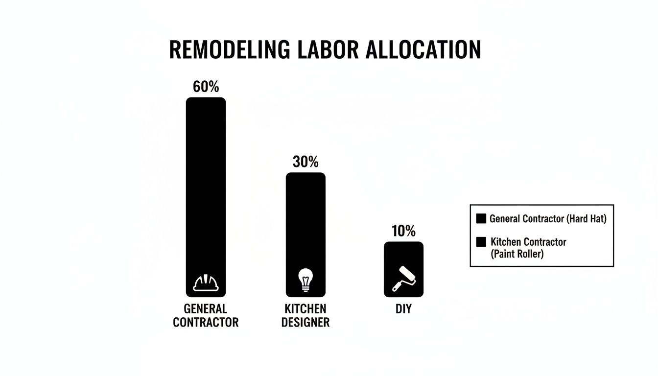 A bar chart titled 'Remodeling Labor Allocation' shows General Contractor at 60%, Kitchen Designer at 30%, and DIY at 10%.