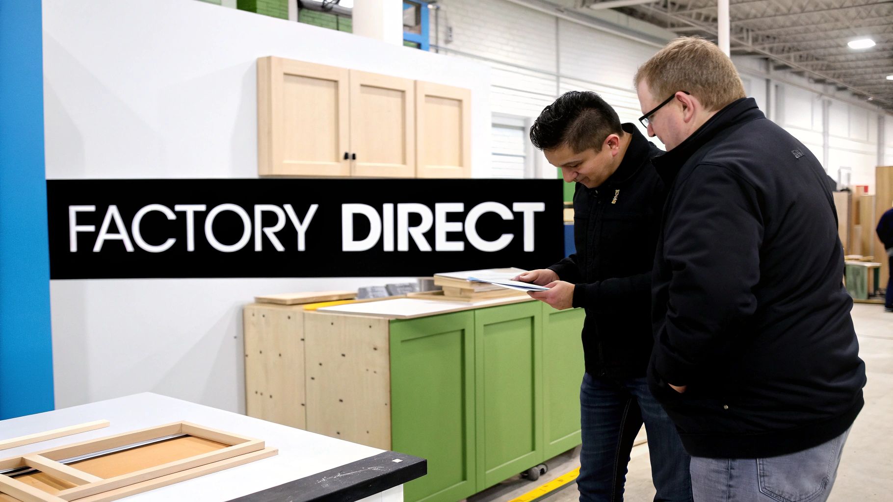 Two men discuss cabinet designs and documents in a cabinet factory showroom with 'FACTORY DIRECT' sign.