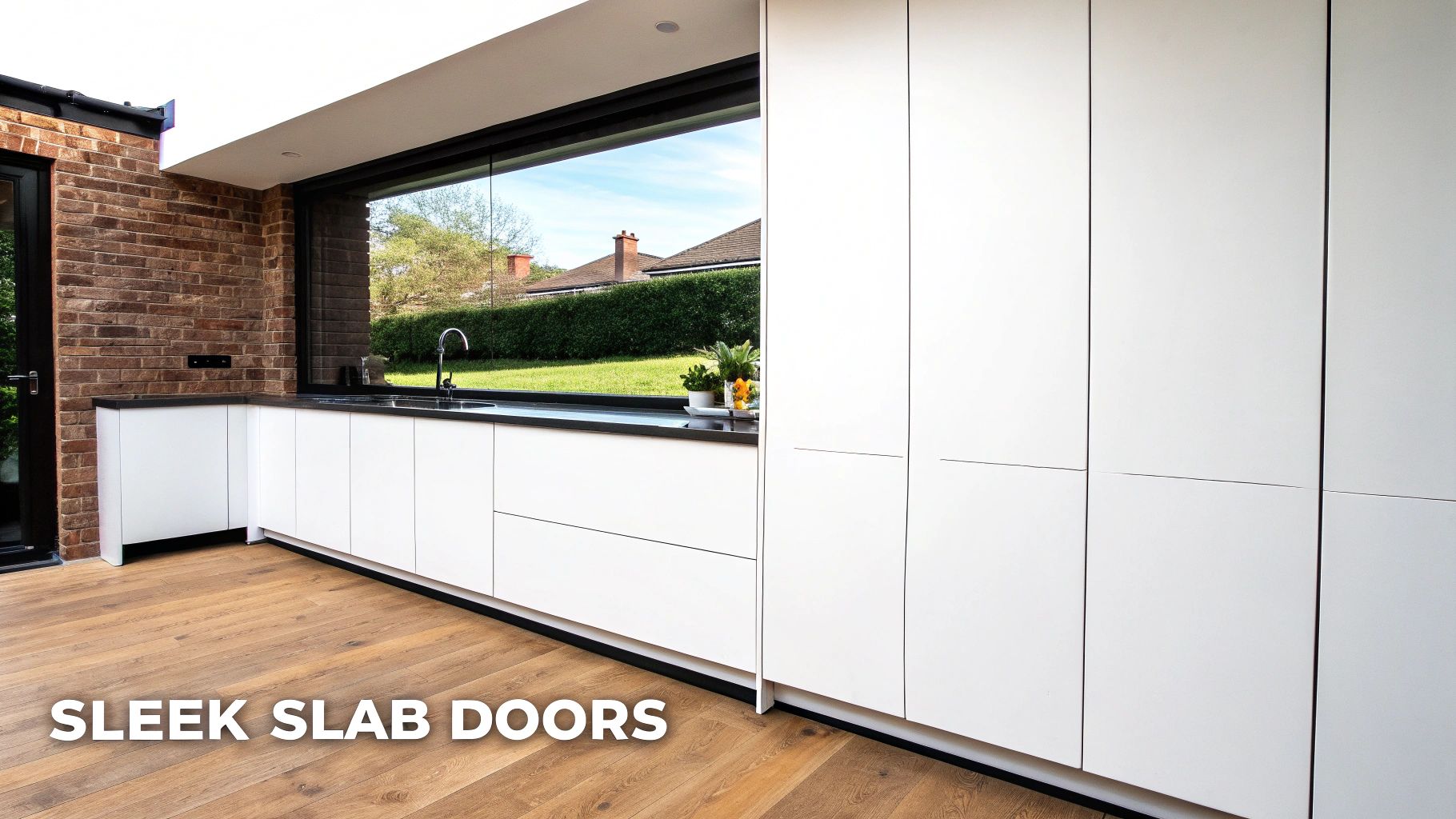 Modern kitchen featuring sleek white slab cabinet doors, black countertop, and a garden view.