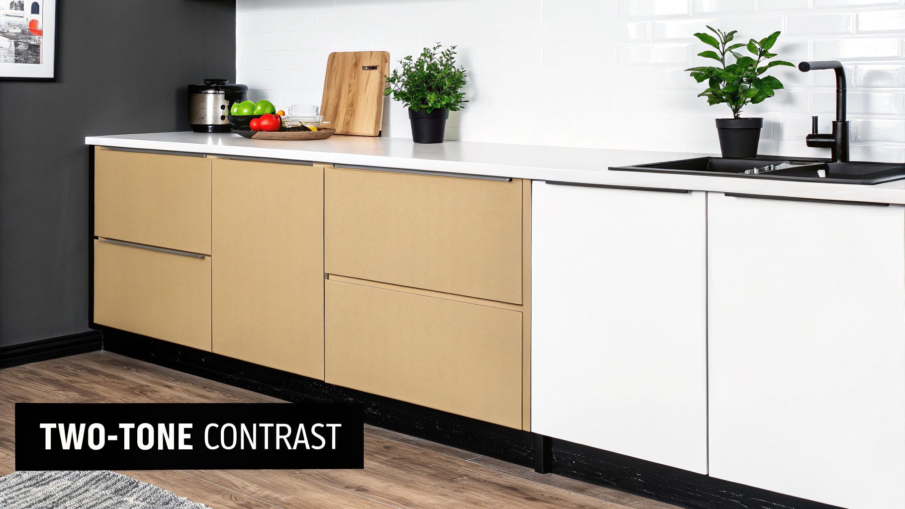 Modern kitchen featuring two-tone beige and white cabinets, white countertop, and subway tile backsplash.