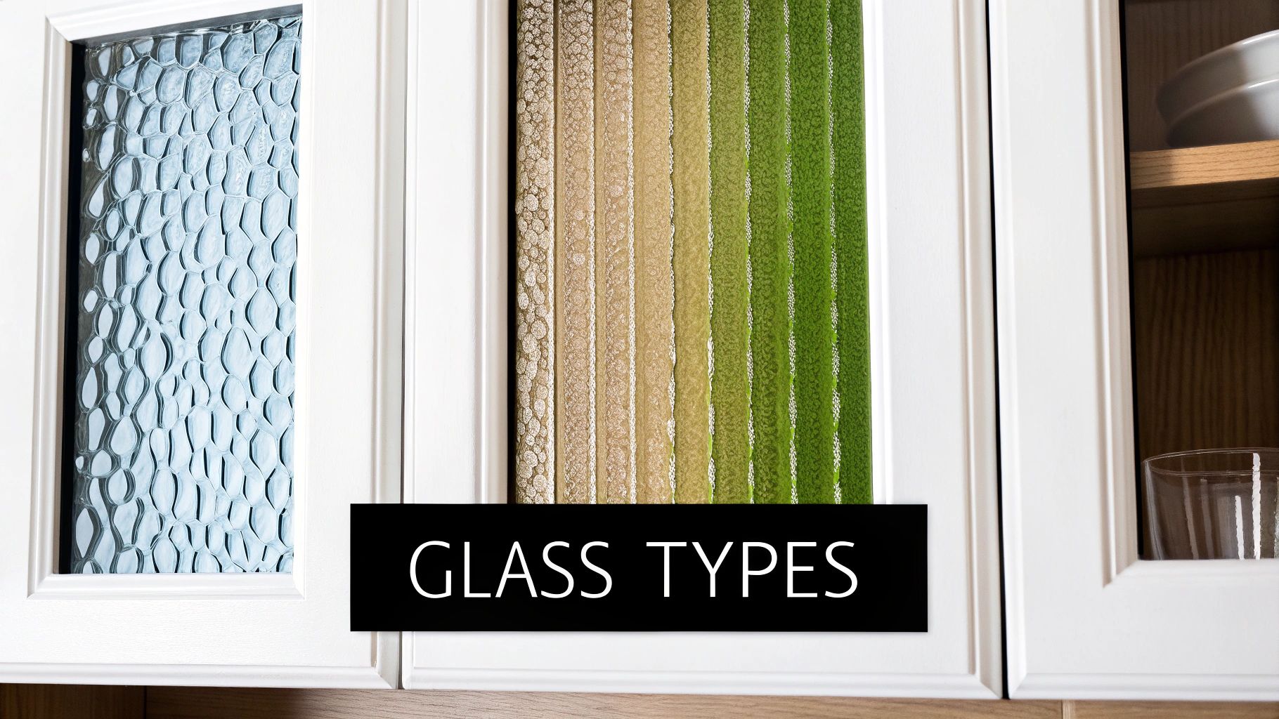 Close-up of kitchen cabinet doors showcasing various decorative glass types, including textured blue and multi-colored inserts.