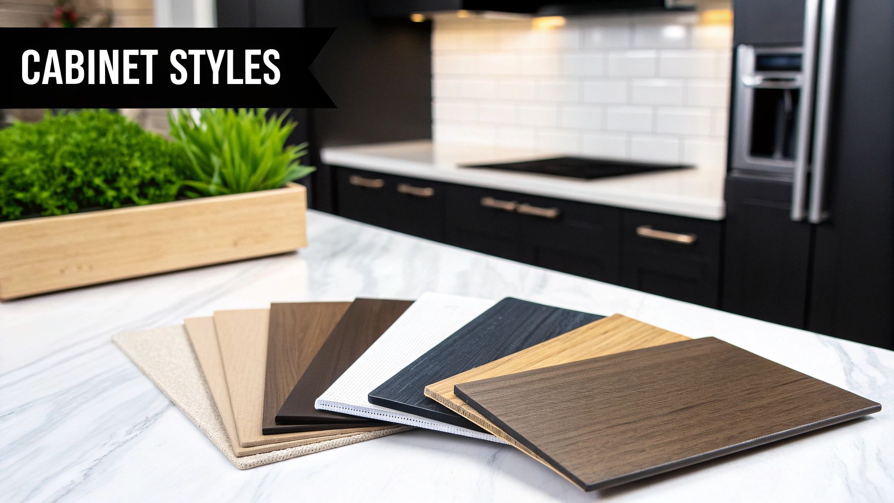 Selection of cabinet style samples on a marble counter in a modern black kitchen.