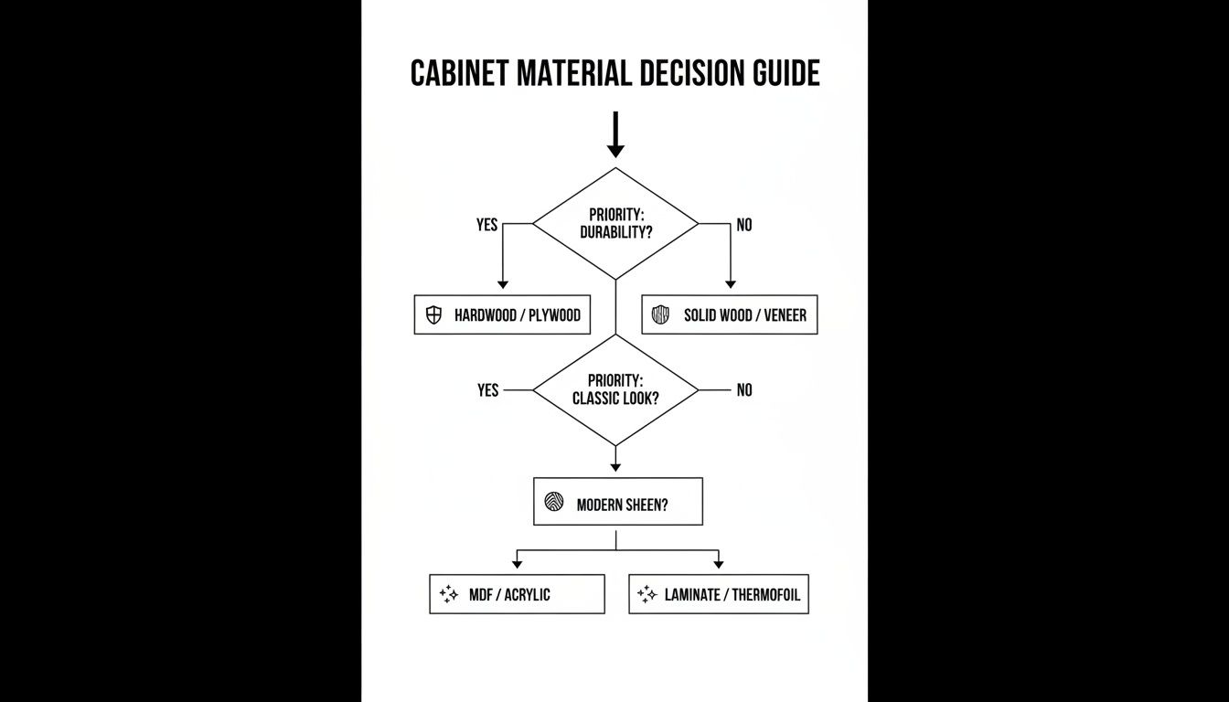 A flowchart guiding cabinet material selection based on durability, classic look, and modern sheen preferences.