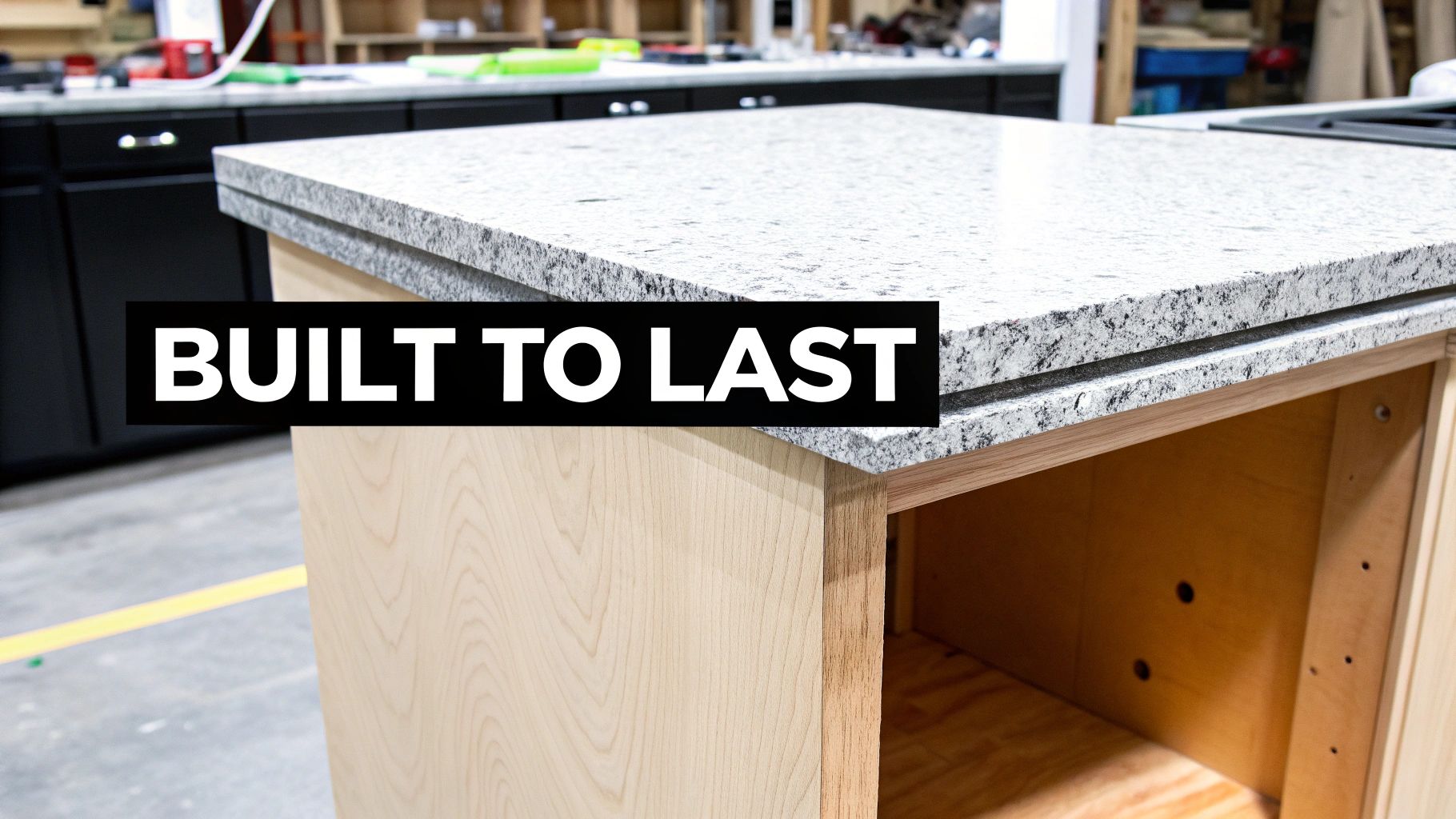 Close-up of a custom kitchen cabinet island with a granite countertop, highlighting quality construction.