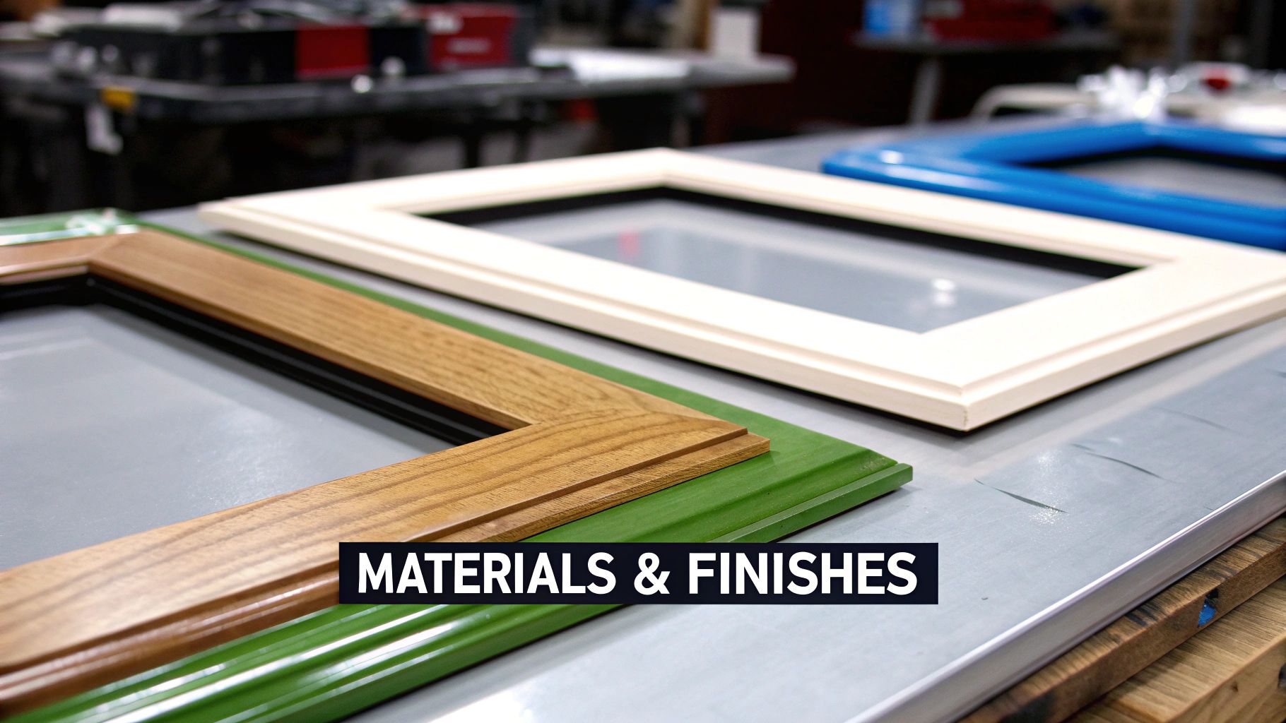 Close-up of diverse frame samples showcasing different materials and finishes like wood, green, cream, and blue.