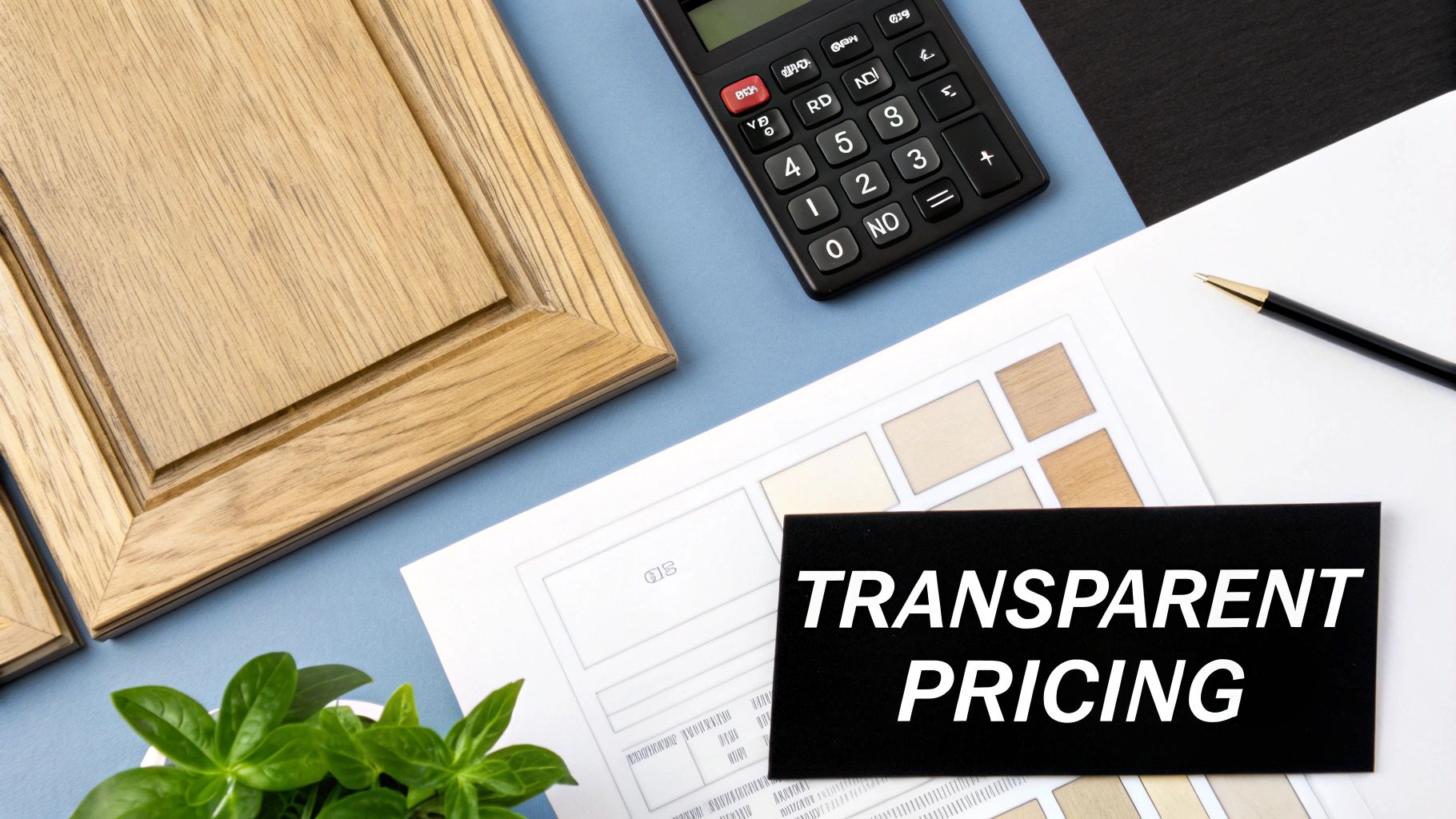 Flat lay of kitchen cabinet door sample, calculator, design plans, and 'Transparent Pricing' sign.