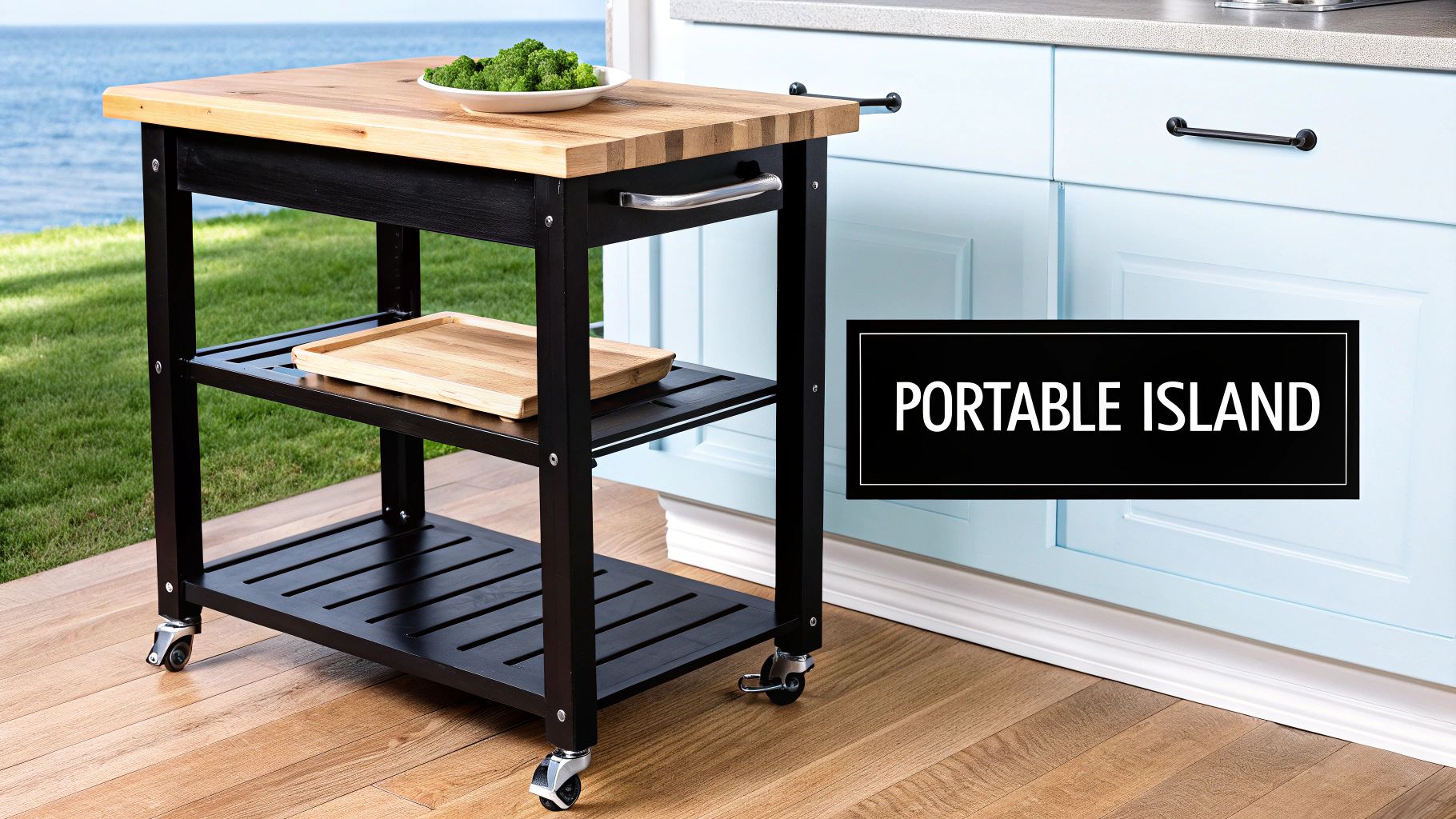 A black portable kitchen island with a wooden butcher block top, two storage shelves, and locking wheels.