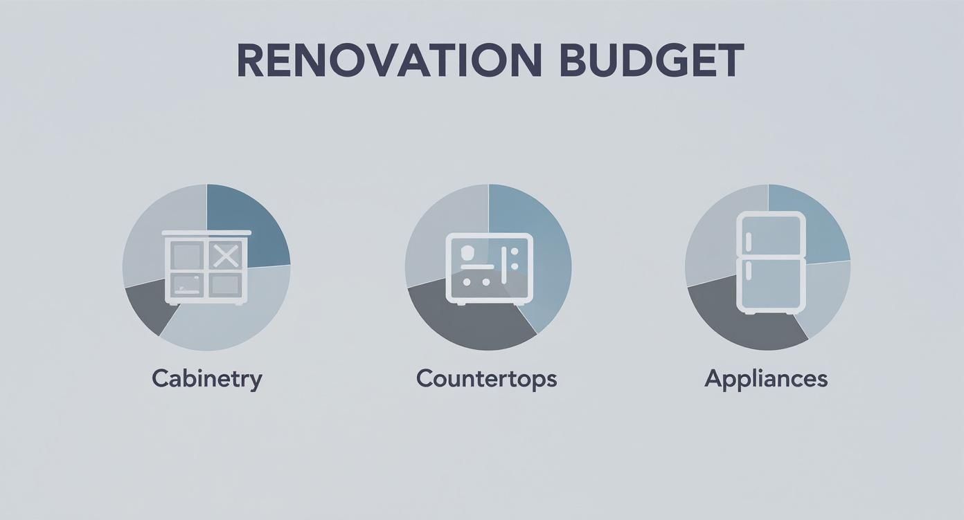 Renovation budget breakdown showing costs for cabinetry, countertops, and appliances with graphical icons.