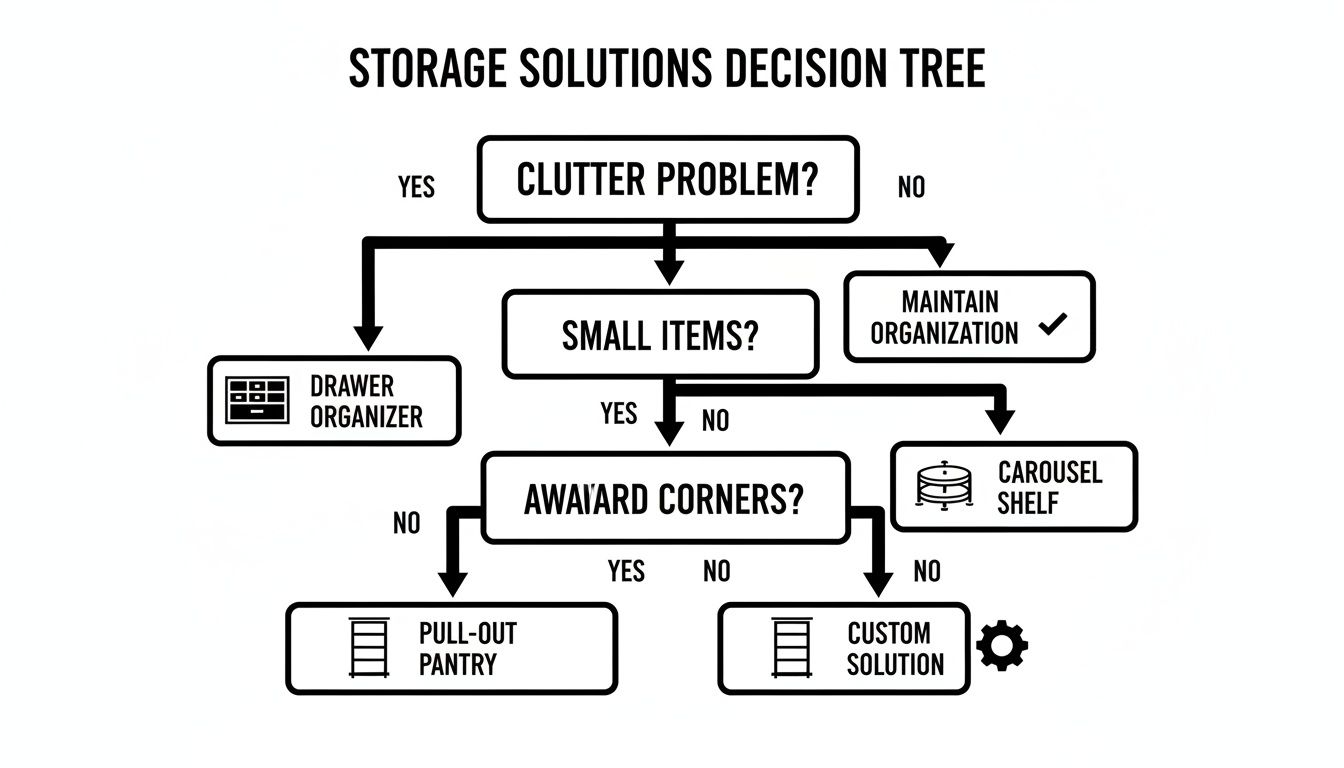 Decision tree flowchart for storage solutions, guiding users to choose organizers for clutter, small items, or awkward spaces.
