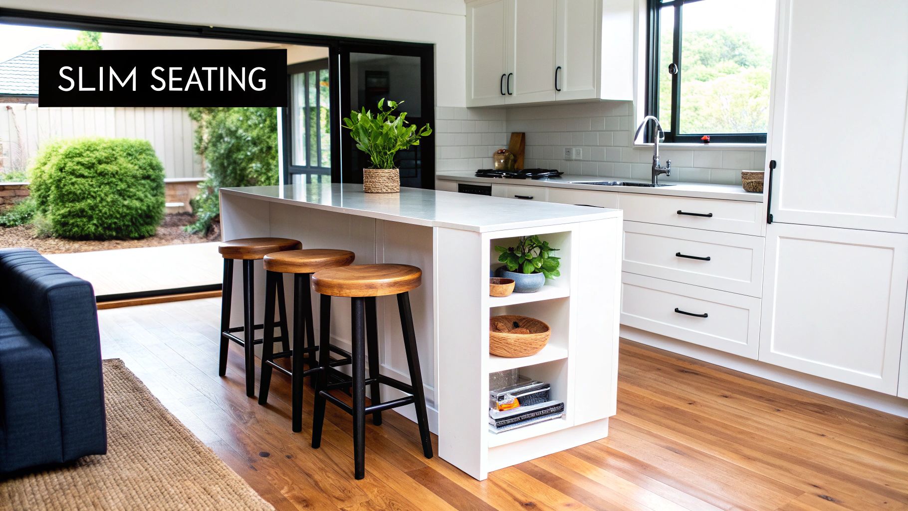 A bright, modern kitchen features a white island with three wooden bar stools and open shelving.
