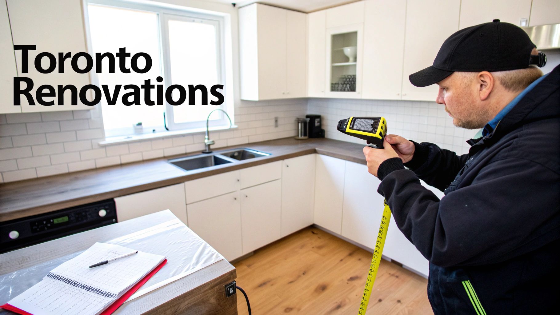 A man measures a modern kitchen with white subway tiles, wooden counters, and text 'Toronto Renovations'.