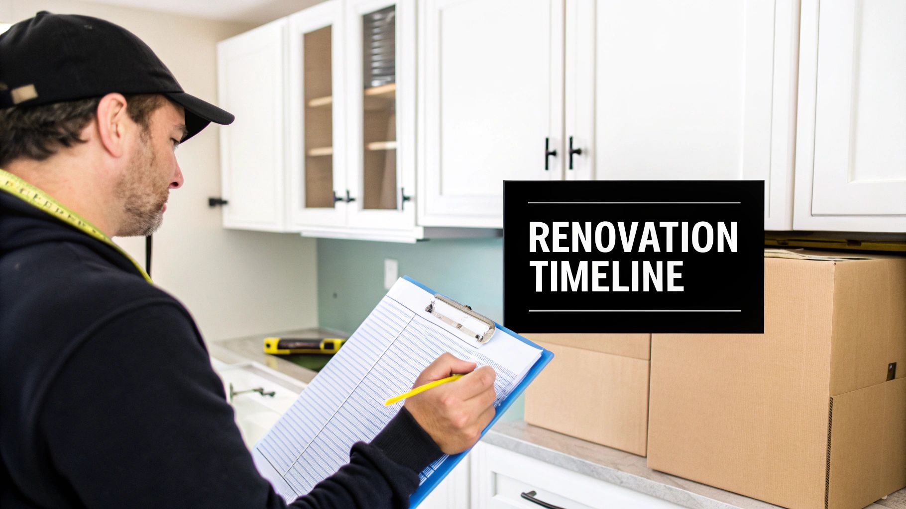 A man with a cap writes on a clipboard in a kitchen with white cabinets and a 'Renovation Timeline' sign.