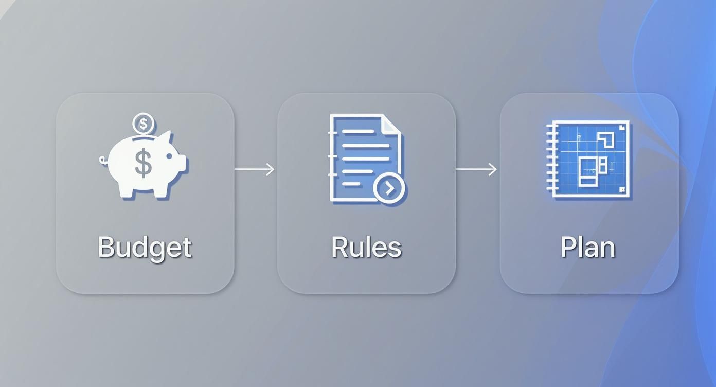 A visual process flow for project planning: Budget (piggy bank), Rules (document), and Plan (blueprint).