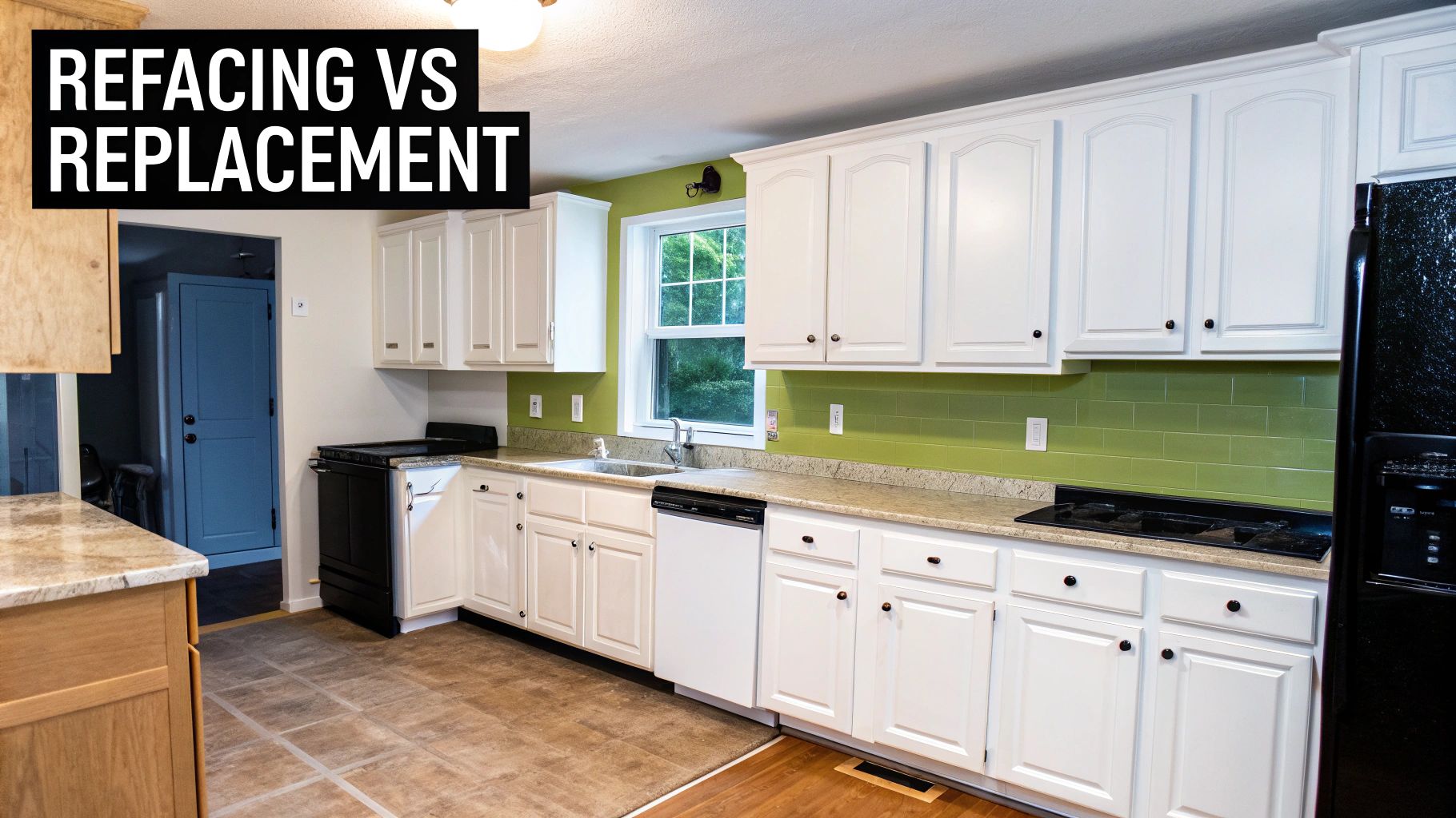 A bright kitchen with white cabinets, green tile backsplash, and appliances, with text "REFACING VS REPLACEMENT".