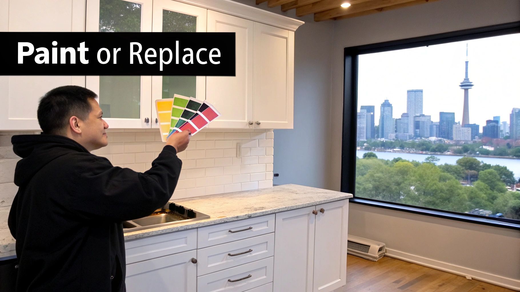 Man holding paint color swatches in a modern kitchen, contemplating options for cabinets.