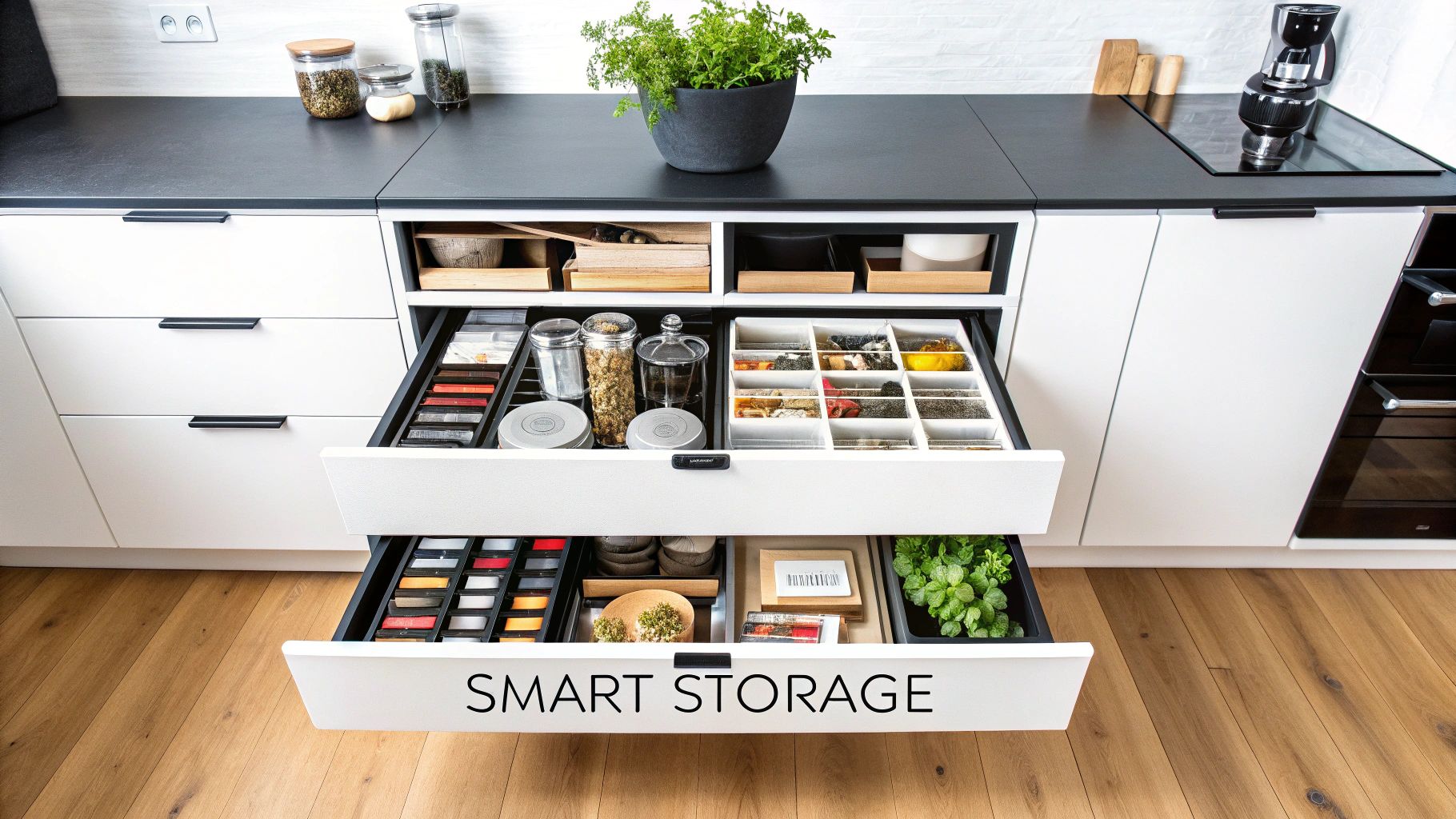 A modern white kitchen with black countertops, open drawers showcasing smart and organized spice and herb storage.