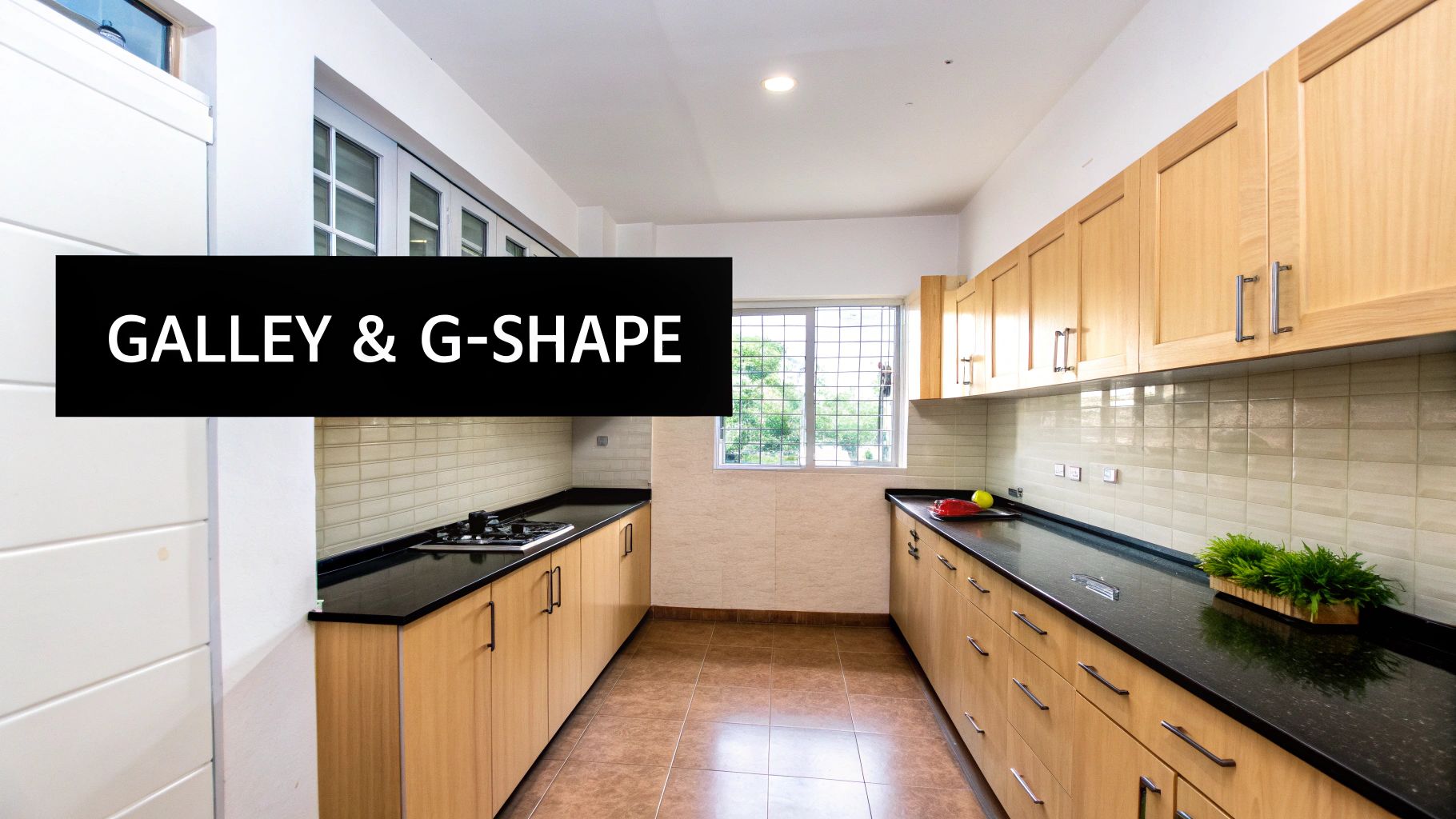 A modern kitchen featuring light wood cabinets, black countertops, and a galley or G-shape layout.