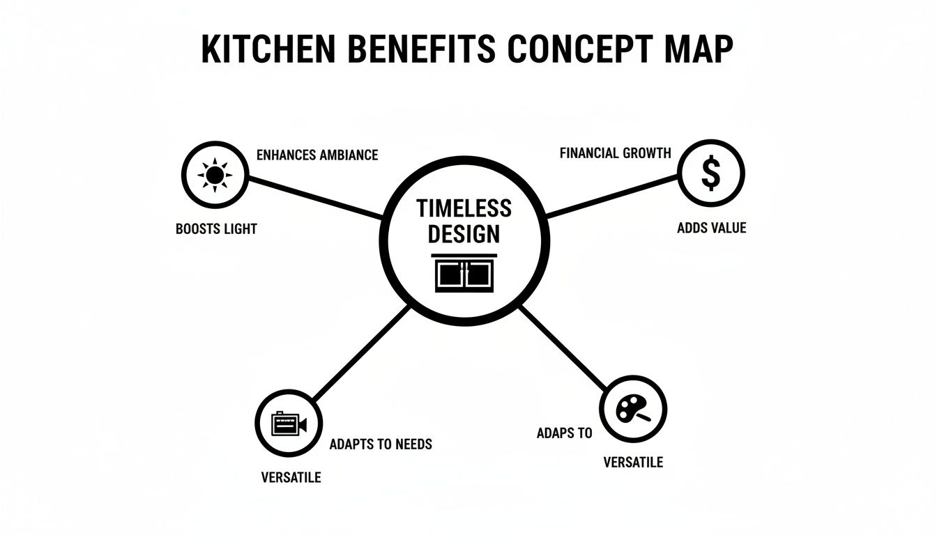 Concept map detailing timeless kitchen design benefits: enhanced ambiance, financial growth, and versatility.