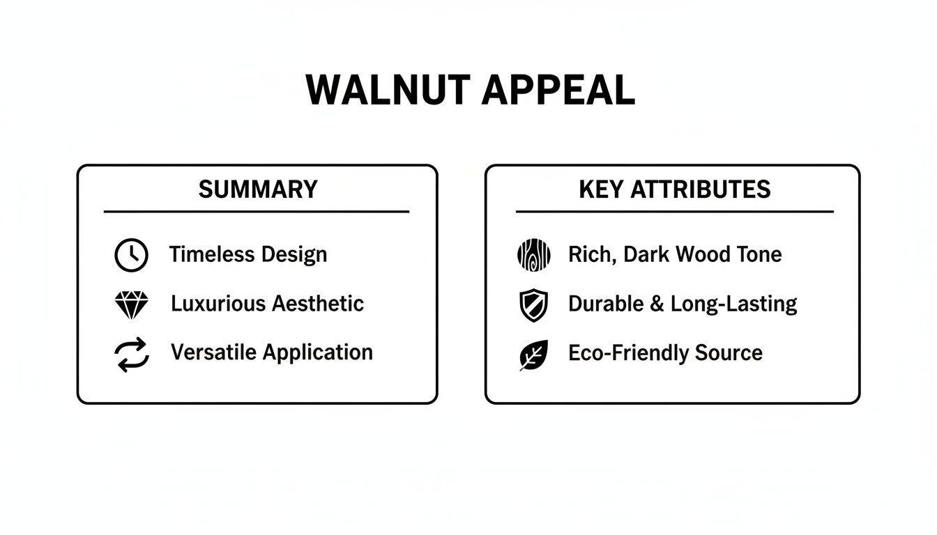 A graphic presenting the appeal of walnut, featuring its luxurious aesthetic, timeless design, and durable, eco-friendly qualities.