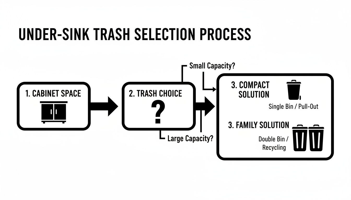 Flowchart for selecting under-sink trash solutions based on cabinet space and capacity.