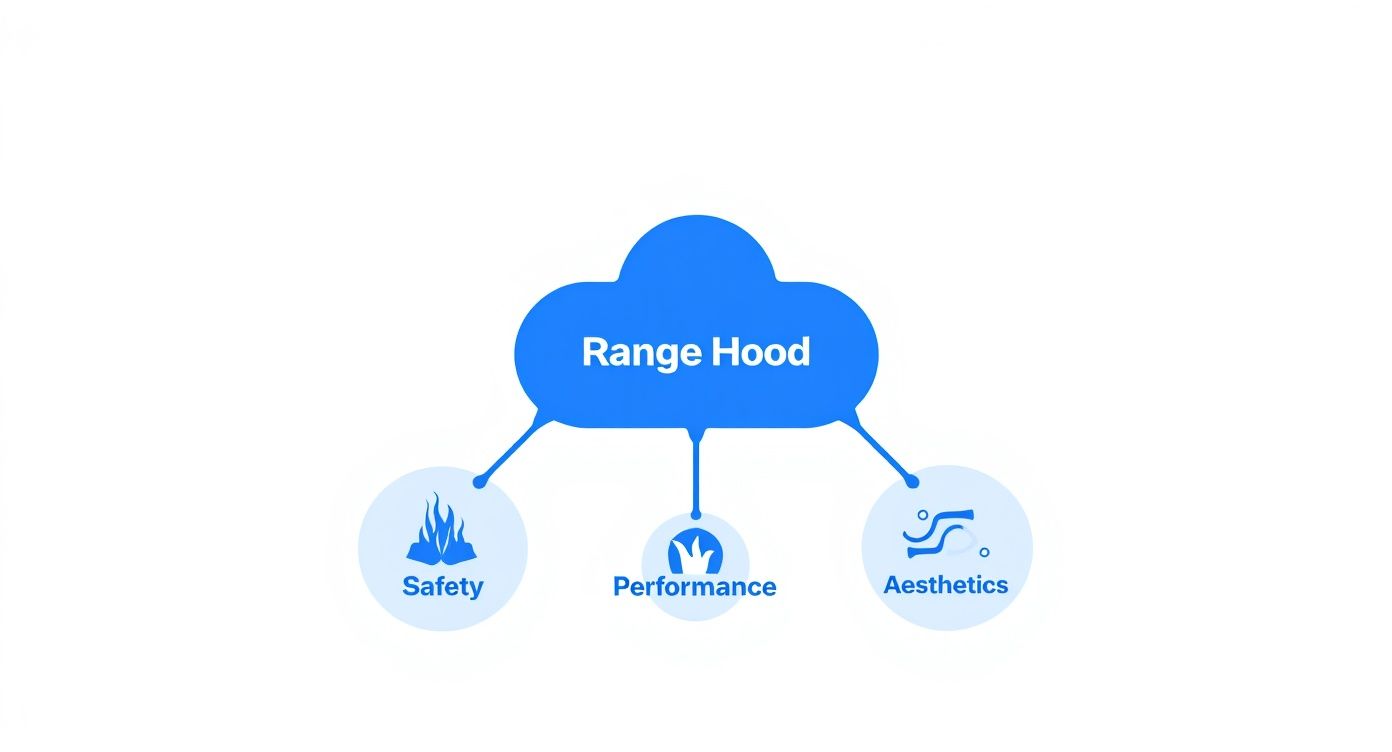 Mind map illustrating key aspects of a range hood: safety, performance, and aesthetics.