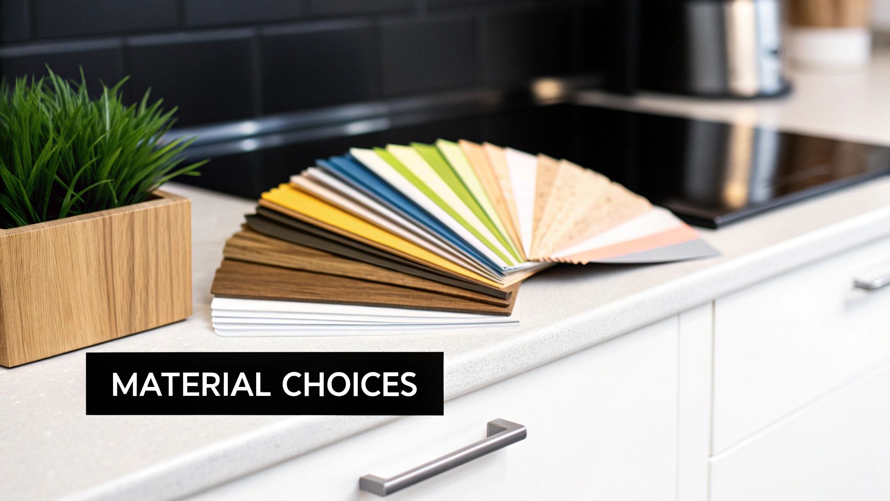 Various material samples for cabinet refacing fanned on a kitchen counter with a plant.