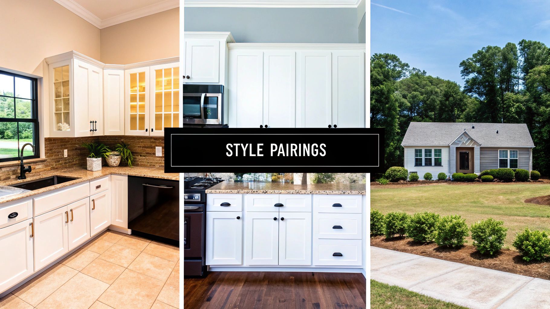 Three images showcasing kitchen designs with white cabinets and a house exterior, titled Style Pairings.