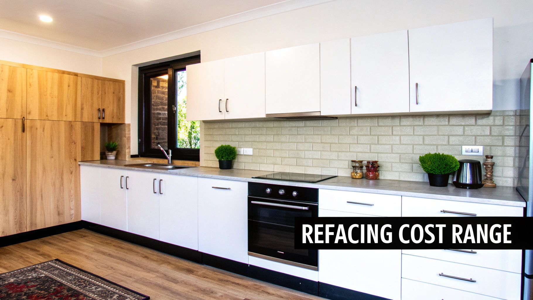 A modern kitchen interior featuring white upper and lower cabinets, wood pantry, and a tiled backsplash.