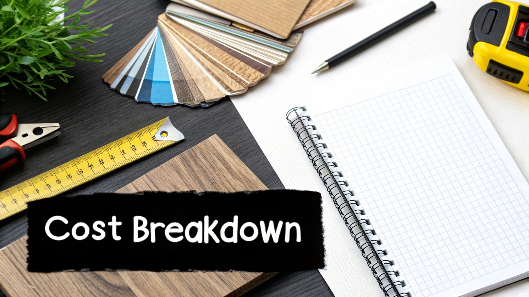 A flat lay of renovation tools, material samples, and a notebook with 'Cost Breakdown' text.