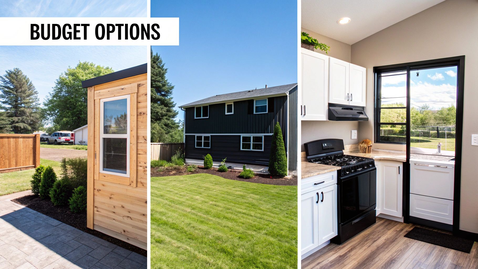 Three image panels show a small wooden shed, a modern dark house, and a kitchen, representing budget options.