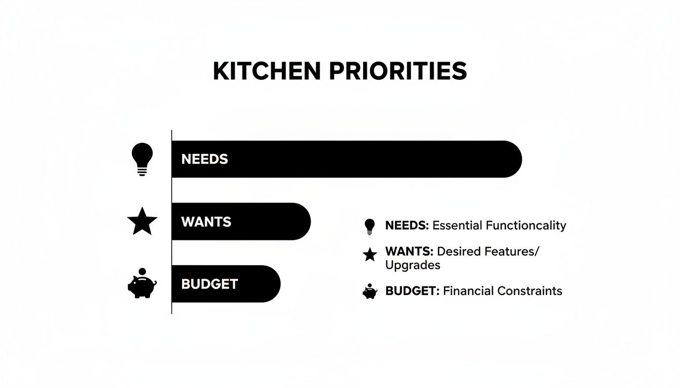 A chart detailing kitchen priorities: Needs, Wants, and Budget, with icons and descriptions.
