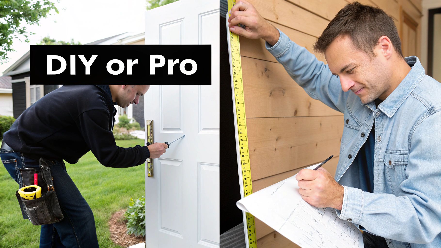 Two men, one performing DIY door repair and another measuring, with 'DIY or Pro' text.
