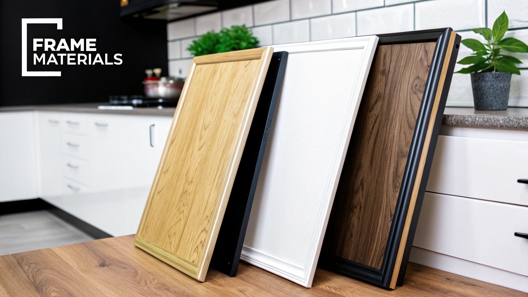 Three kitchen cabinet door samples in different frame materials: light wood, white, and dark wood.