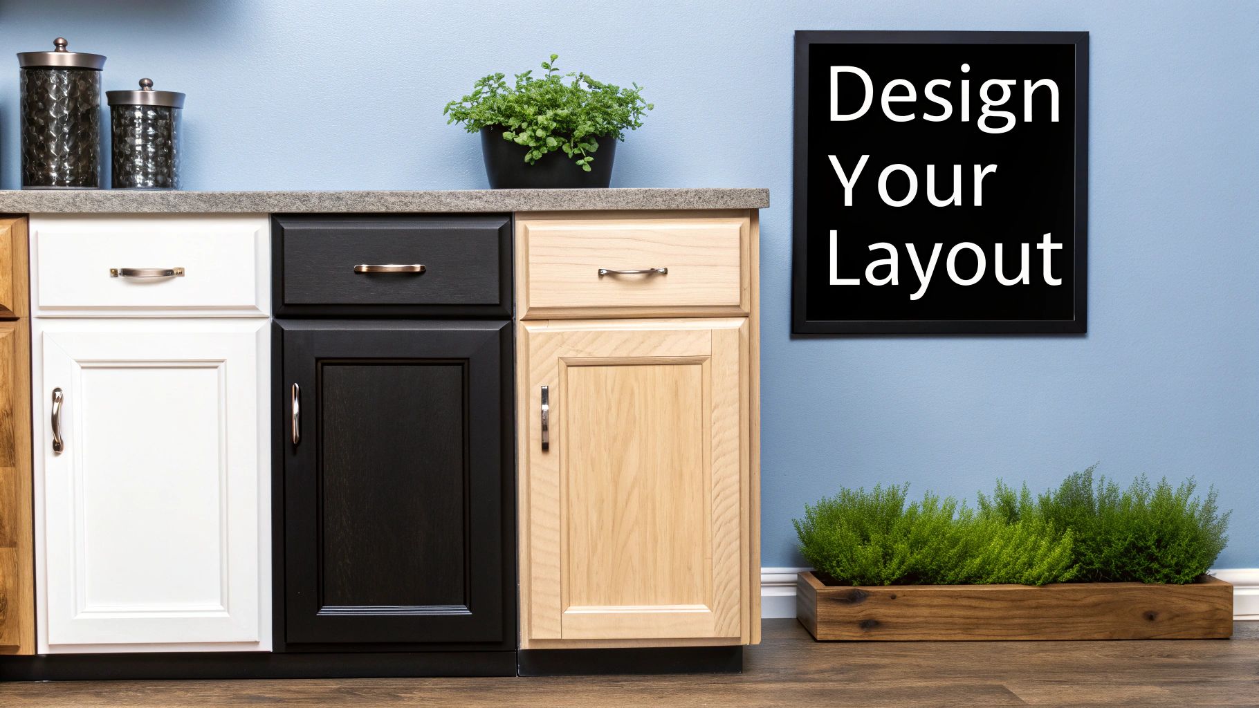 A display of kitchen cabinets in various colors: white, black, and natural wood, with a blue wall.
