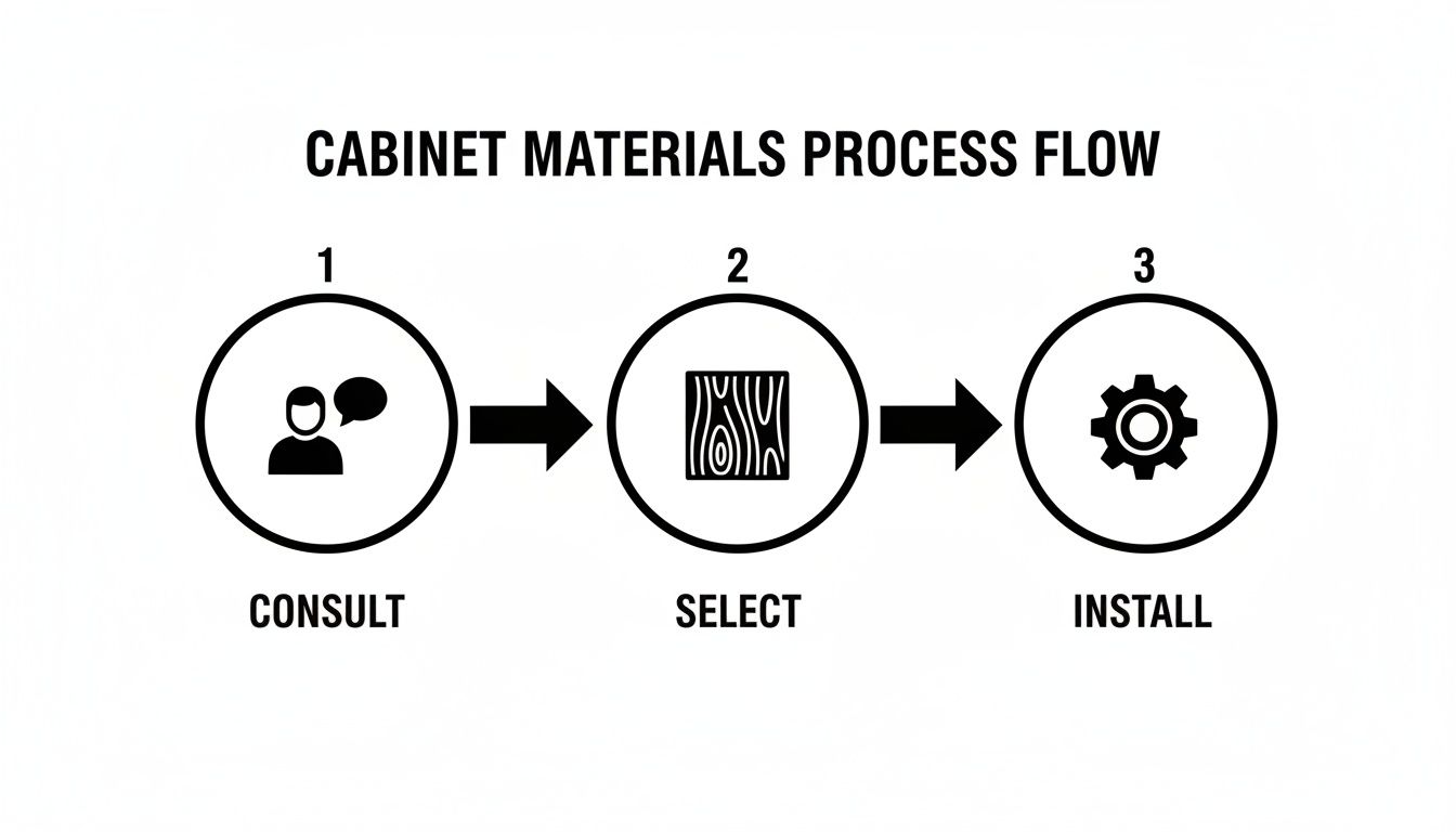 Flowchart illustrating the three-step cabinet materials process: Consult, Select, and Install.