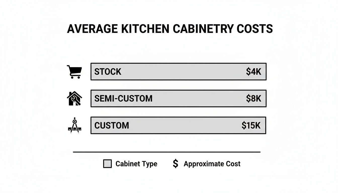 A chart showing average kitchen cabinetry costs for stock ($4K), semi-custom ($8K), and custom ($15K) cabinets.