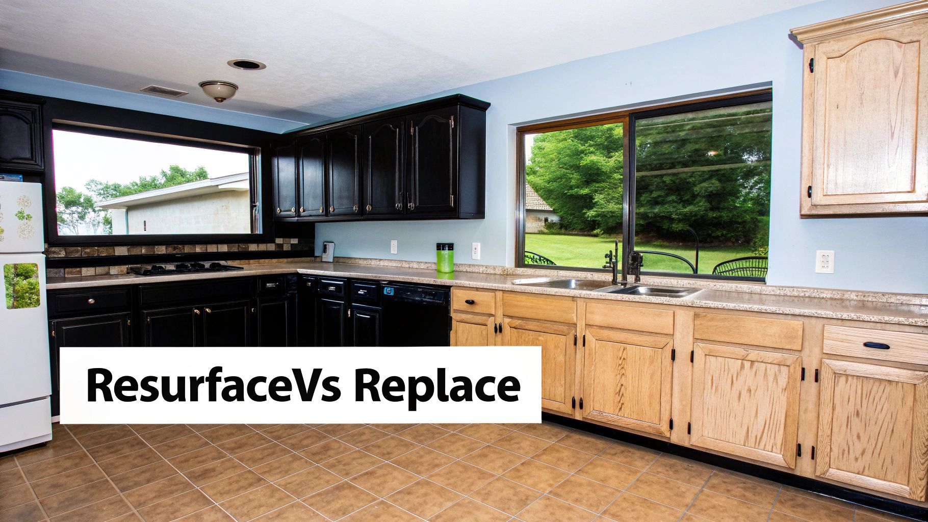 Kitchen with black and natural wood cabinets, tile floor, and a text overlay 'ResurfaceVs Replace'.