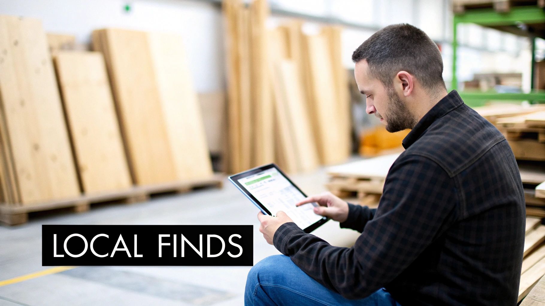 Man using tablet to search for local custom cabinet makers in woodworking workshop