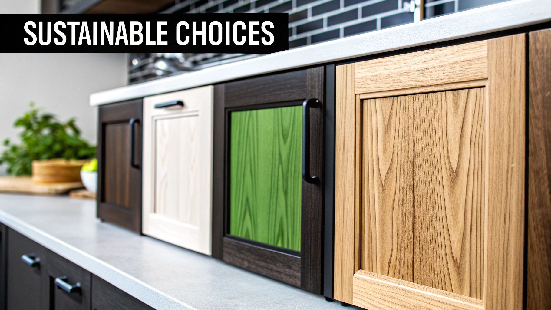 Close-up of kitchen cabinet door samples in various wood finishes and colors, promoting sustainable choices.