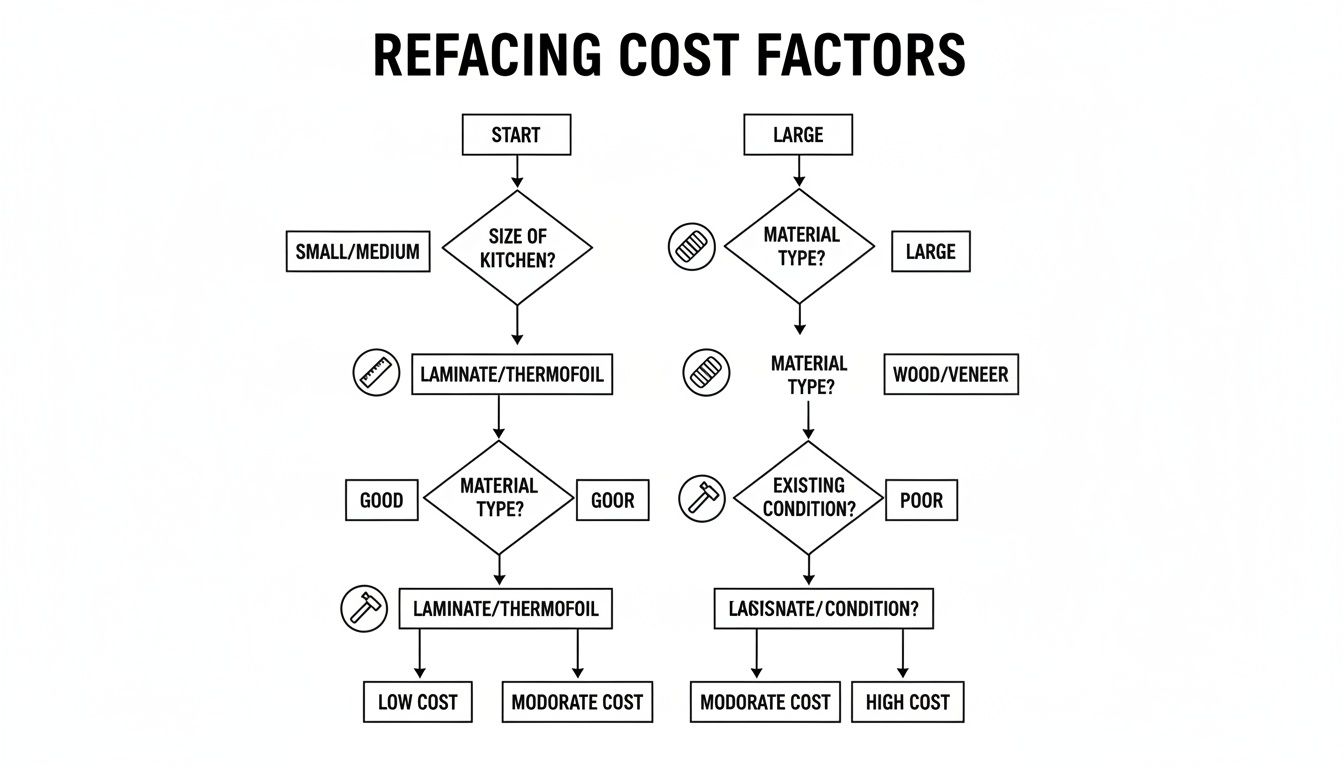 Flowchart illustrating refacing cost factors for cabinets, including kitchen size, material, and existing condition.