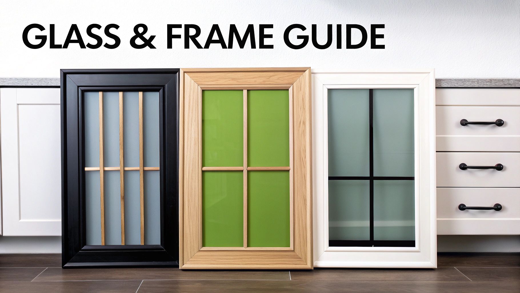 Three distinct glass and frame samples for kitchen cabinets, showcasing different styles and finishes.