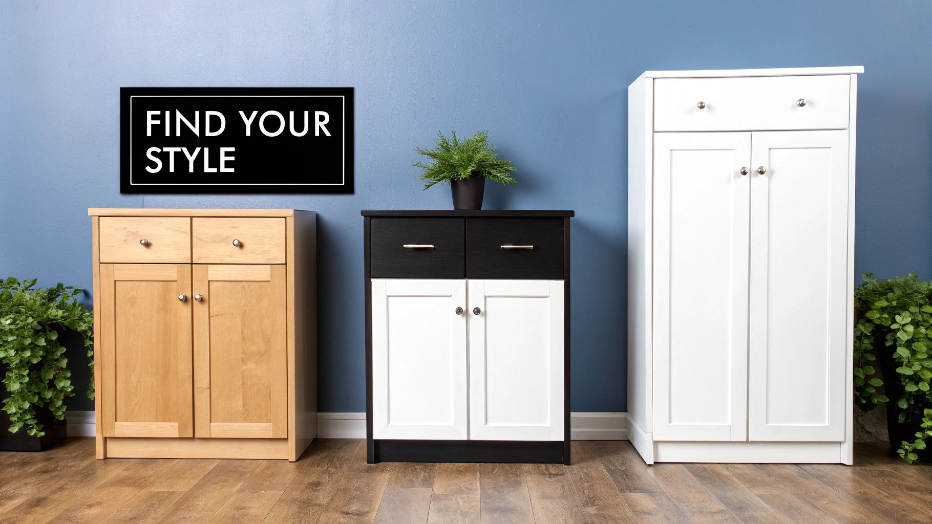 Three diverse storage cabinets: light wood, black and white, and all white, under a 'FIND YOUR STYLE' sign.