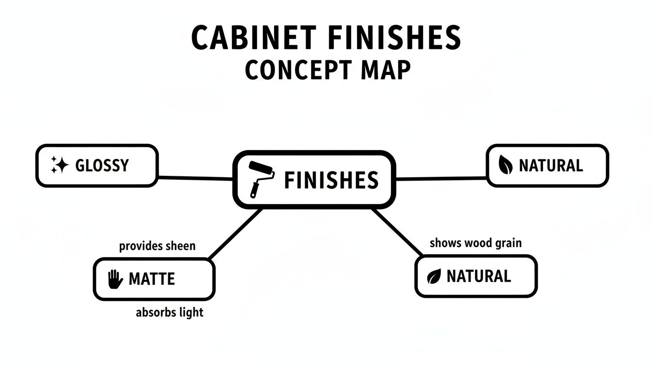 A concept map showing cabinet finishes, including Glossy, Matte (provides sheen, absorbs light), and Natural (shows wood grain).