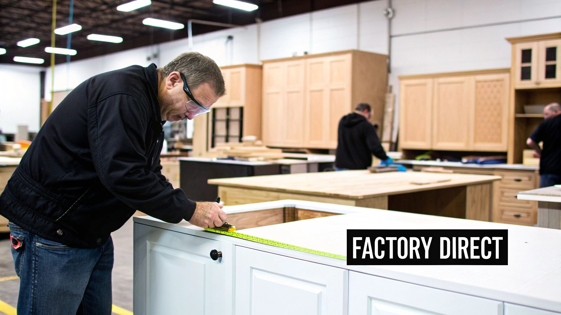 A man in safety glasses measures a white cabinet in a bustling factory, featuring the 'FACTORY DIRECT' text.